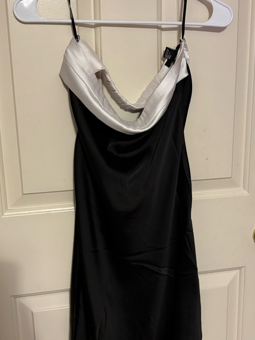 Forever 21 Black Satin Strapless Dress with white fold over front NWT